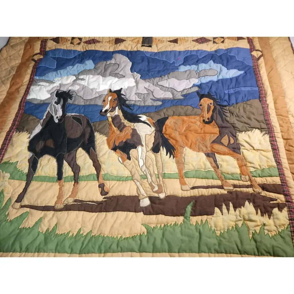 PATCH MAGIC 3 Horses Western Cotton Quilt Throw Wall Hanging 60x53